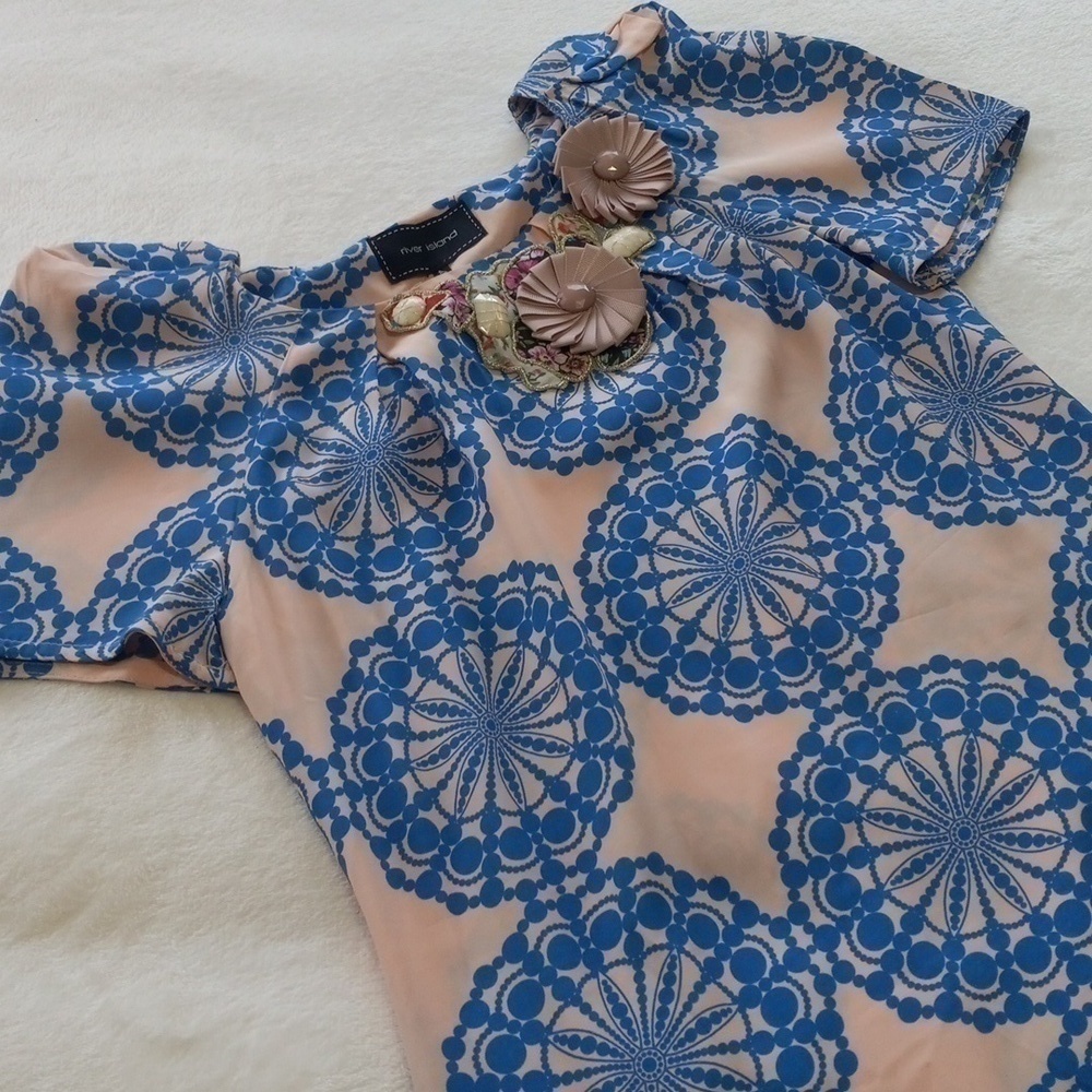 River Island Blue & Tan Kaleidoscope Print Floral Embellished Mini Dress